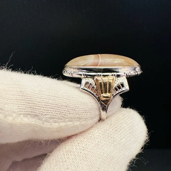 VTG Agate Pinky Ring Sterling Silver & 10K GF Long Oval Cabochon